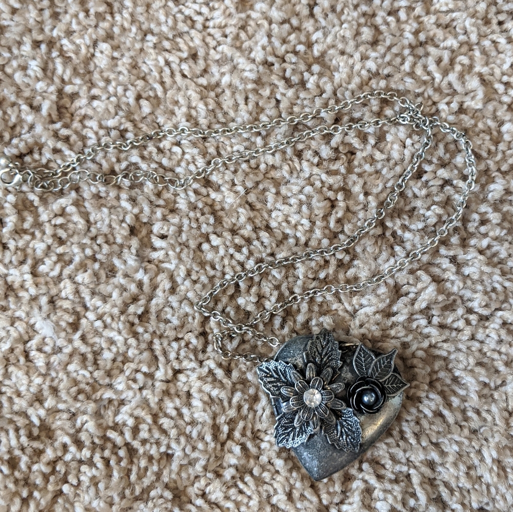 Long Dark Silver Heart Locket